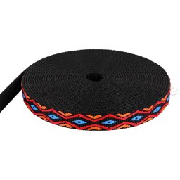 Bild von 10m 4-farbiges PP Gurtband - orange/rot/blau auf schwarzem Gurtband - 20mm breit