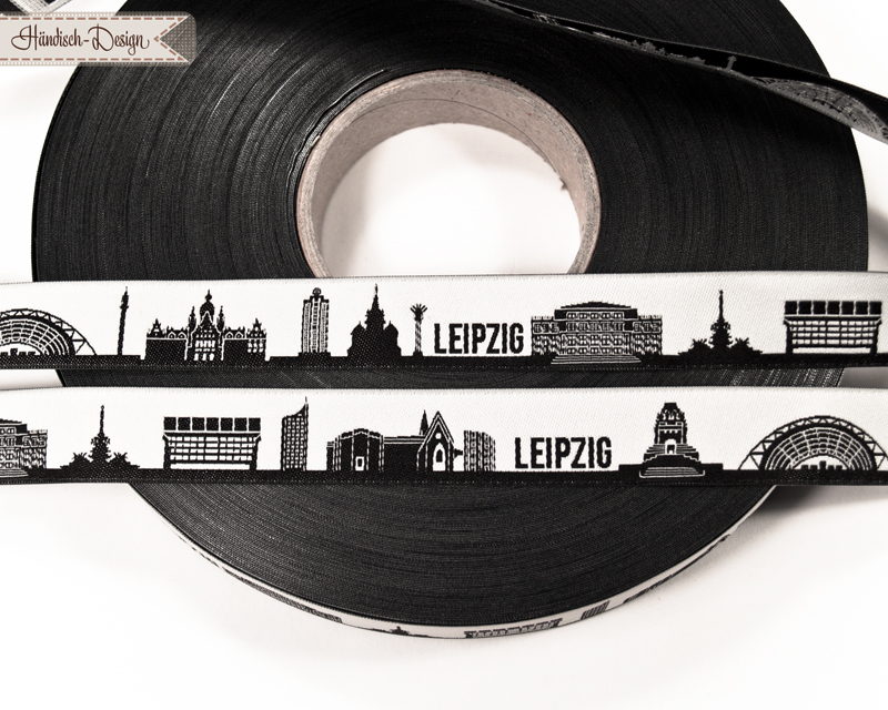 Bild von 1m SKYLINE Webband - 16mm breit - LEIPZIG schwarz/weiß