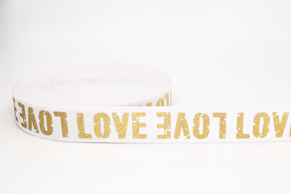 Bild von Gummiband LOVE Gold - 38mm breit - Farbe: weiß - 1m