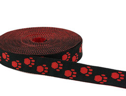 Bild von 10m Rolle Pfötchengurtband - 25mm breit - rote Pfötchen auf schwarzem Band