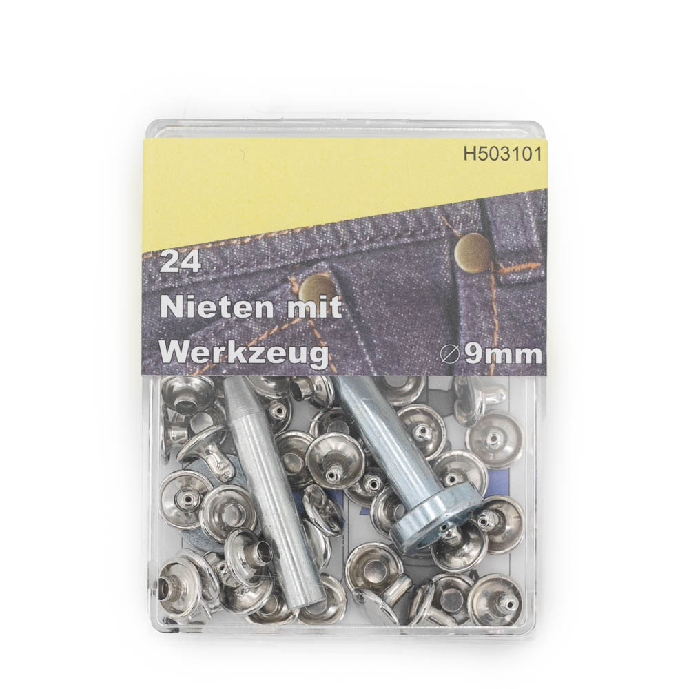 Nieten - 9mm - silber - 24 Stück mit Werkzeug.