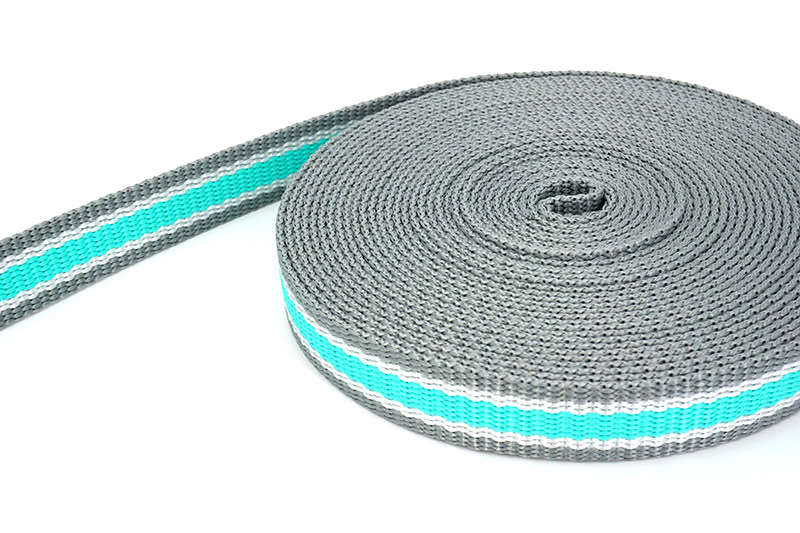 Bild von 10m 3-farbiges PP-Gurtband - 2,4mm dick - grau/weiß/türkis - 25mm breit