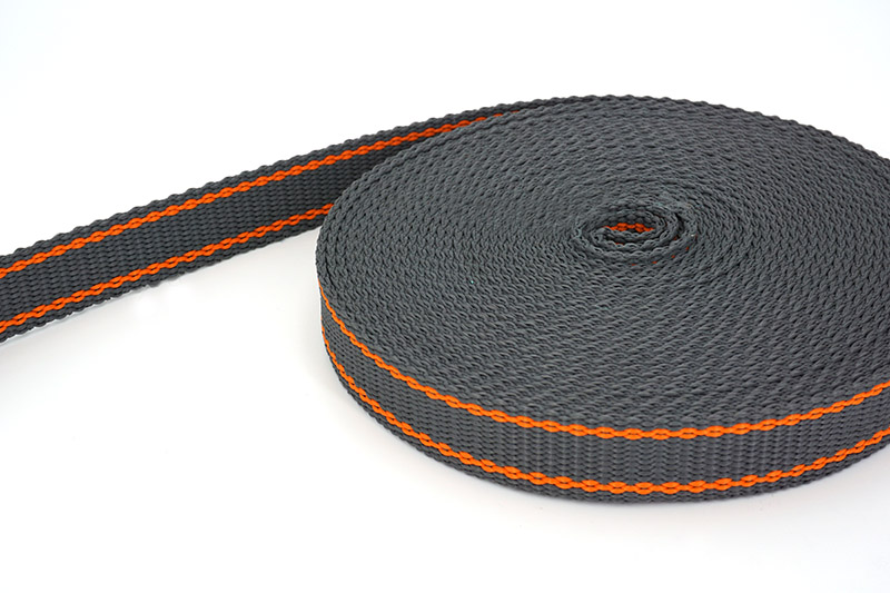 10m 2-farbiges PP-Gurtband - 2,4mm dick - dunkelgrau/orange - 25mm breit.