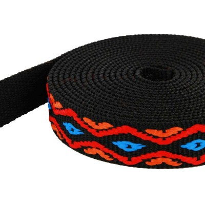 Bild von 1m 4-farbiges PP Gurtband - orange/rot/blau auf schwarzem Gurtband - 20mm breit