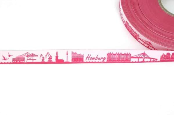 Bild von 1m SKYLINE Webband - 16mm breit - HAMBURG mit Elphi pink/weiß