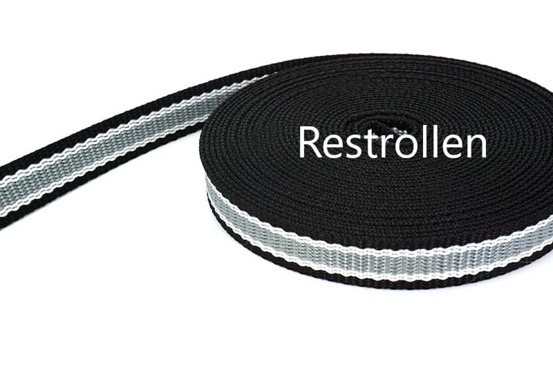 Bild von Restrollen 3-farbiges PP-Gurtband  - 2,4mm dick, schwarz/weiß/grau - 20mm breit, 18m