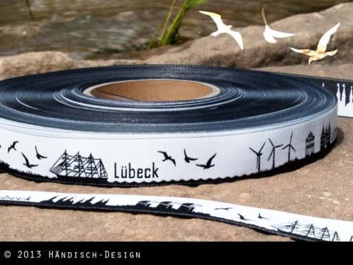 Bild von 1m SKYLINE Webband - 16mm breit - LÜBECK schwarz/weiß