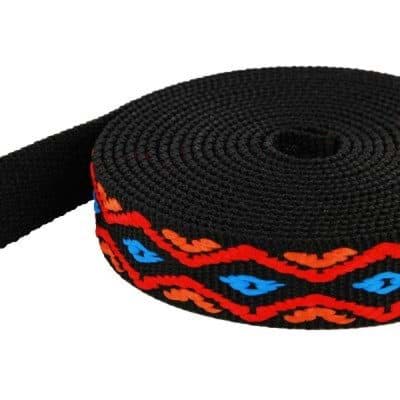 Bild von 10m 4-farbiges PP Gurtband - orange/rot/blau auf schwarzem Gurtband - 20mm breit