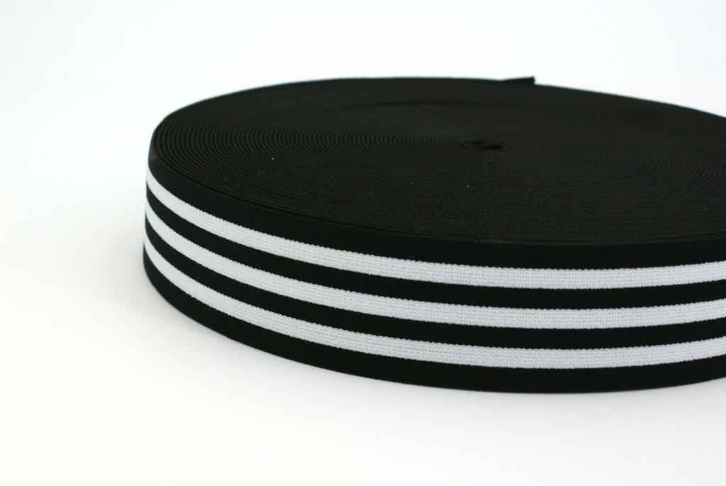 Bild von Gummiband gestreift - 40mm breit - Farbe: schwarz / weiß - 3m Rolle