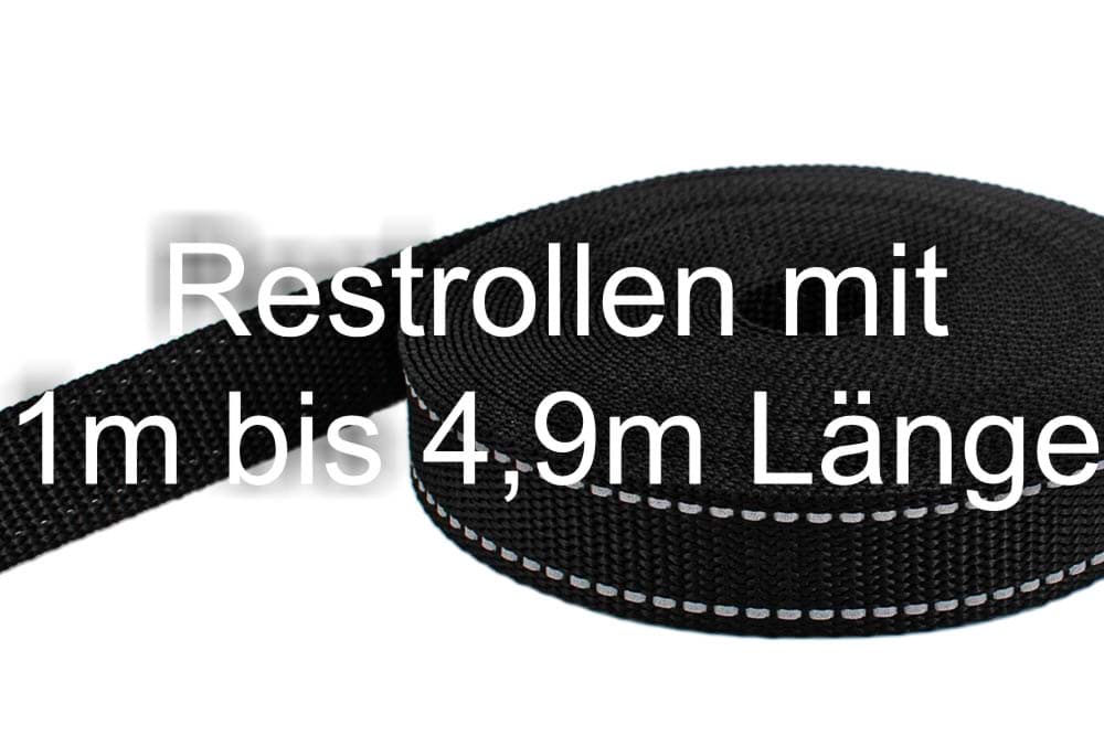 Restpostenbox 25mm breites PP-Gurtband 1,4mm stark, 25m - schwarz mit Reflektorstreifen (UV)