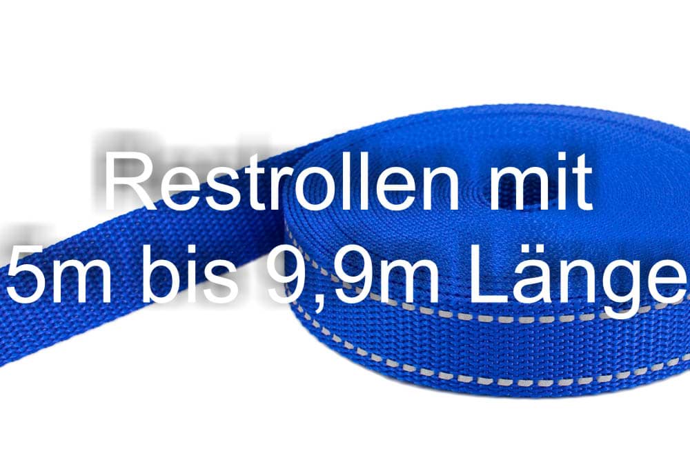 Restpostenbox 25mm breites PP-Gurtband 1,4mm stark, 25m - königsblau mit Reflektorstreifen (UV)