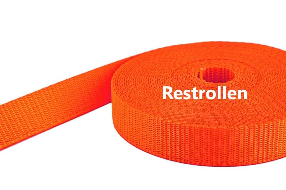 Restpostenbox 25mm breites Gurtband aus Polyester (PES) 1,4mm stark, 50m - leuchtorange (UV)