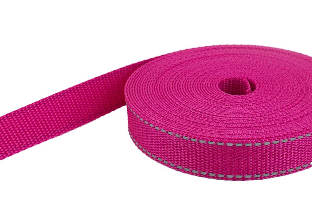 50m PP Gurtband - 20mm breit - 1,4mm stark - Pink mit Reflektorstreifen (UV)