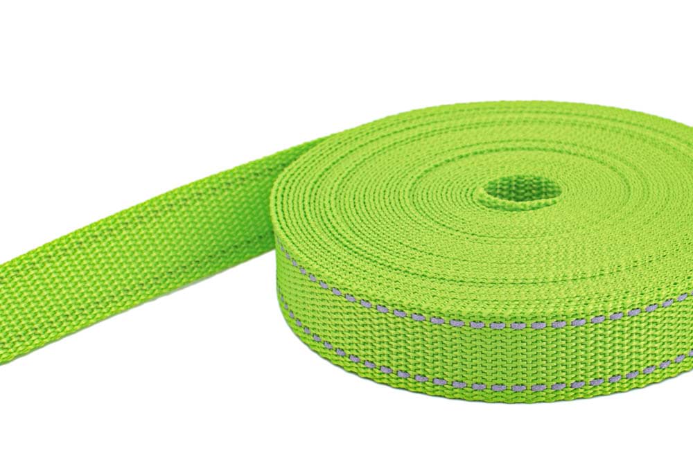 50m PP Gurtband - 20mm breit - 1,4mm stark - Limone mit Reflektorstreifen (UV)
