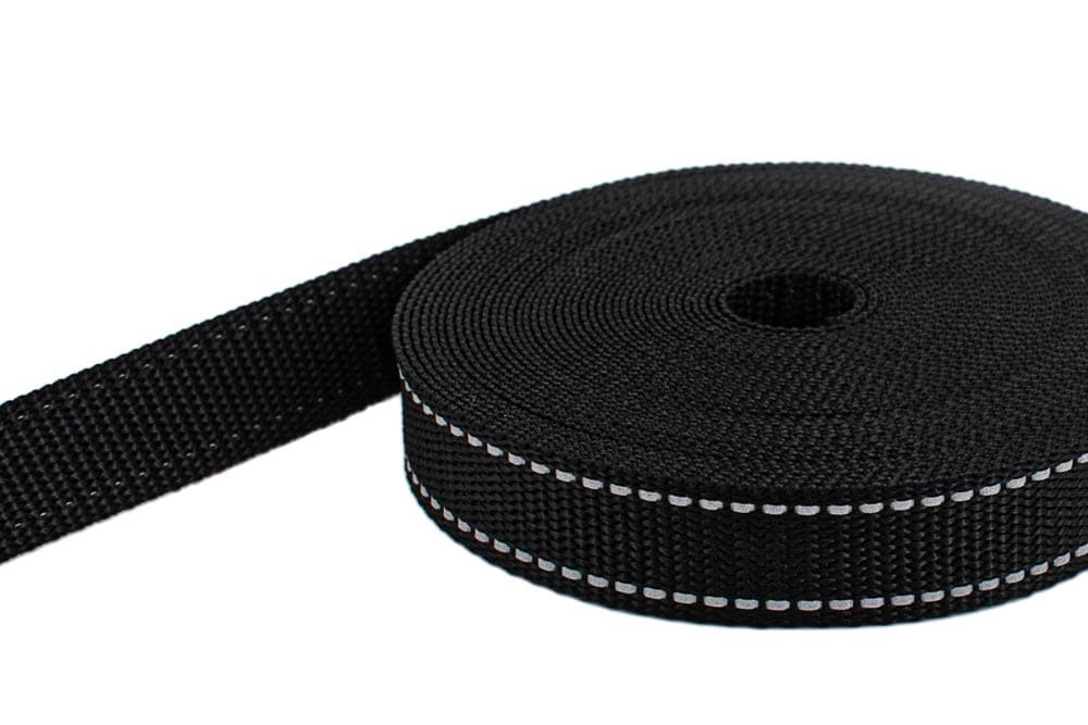 10m PP Gurtband - 25mm breit - 1,4mm stark - Schwarz mit Reflektorstreifen (UV)