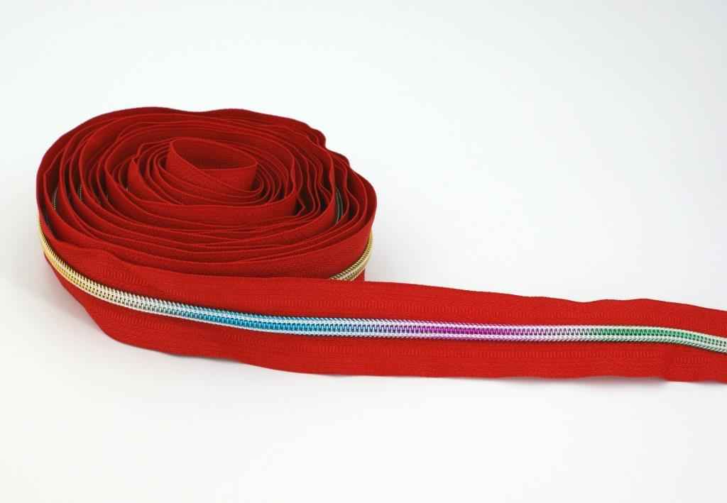 5m Reißverschluss, 5mm Schiene, Farbe: Rot mit bunter Spirale