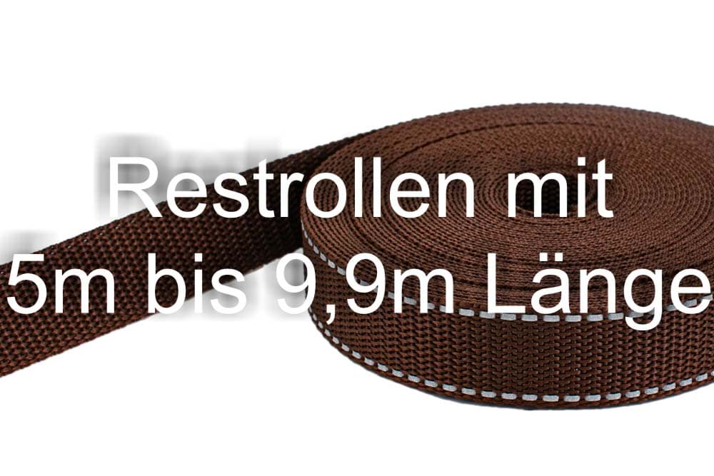 Restpostenbox 20mm breites PP-Gurtband 1,4mm stark, 25m - braun mit Reflektorstreifen (UV)