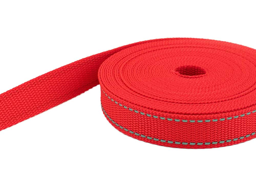 10m PP Gurtband - 25mm breit - 1,4mm stark - Rot mit Reflektorstreifen (UV)