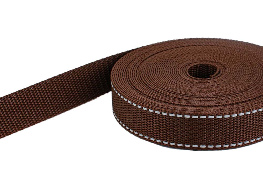 50m PP Gurtband - 20mm breit - 1,4mm stark - Braun mit Reflektorstreifen (UV)