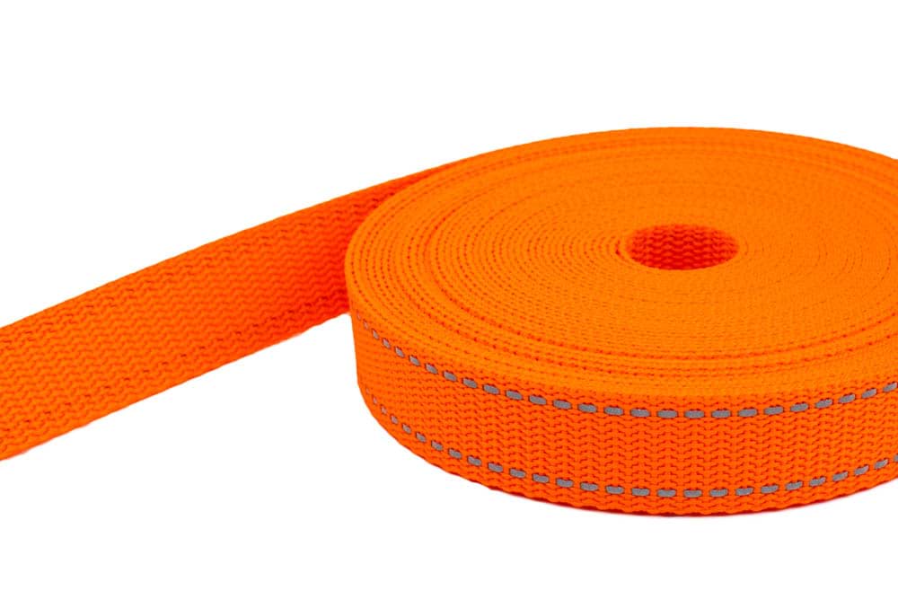 50m PP Gurtband - 20mm breit - 1,4mm stark - Orange mit Reflektorstreifen (UV)
