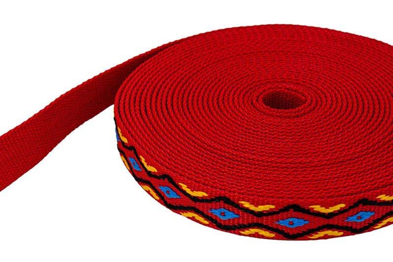 50m Rolle 4-farbiges PP Gurtband - blau/gelb/schwarz auf rotem Gurtband - 25mm breit