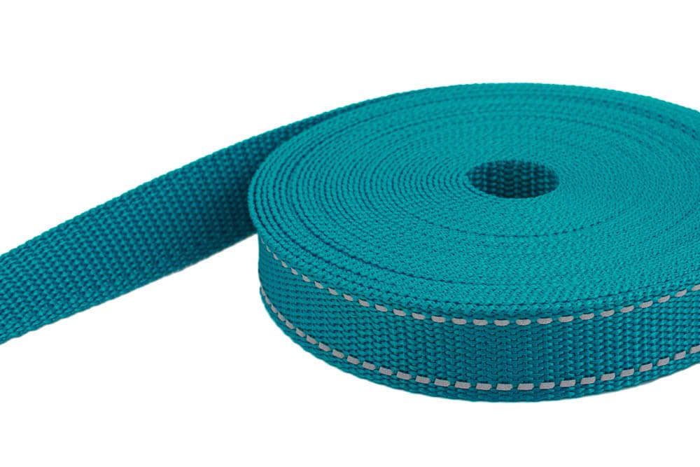 50m PP Gurtband - 20mm breit - 1,4mm stark - Petrol mit Reflektorstreifen (UV)