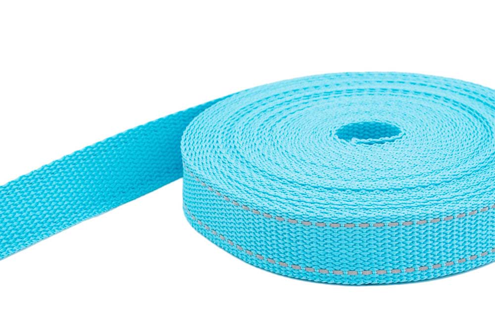 50m PP Gurtband - 30mm breit - 1,4mm stark - türkis mit Reflektorstreifen (UV)