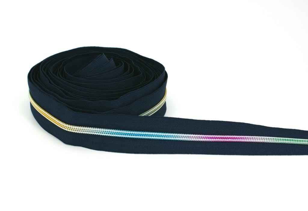 5m Reißverschluss, 5mm Schiene, Farbe: Dunkelblau mit bunter Spirale