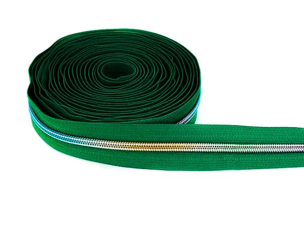5m Reißverschluss, 5mm Schiene, Farbe: Grün mit bunter Spirale