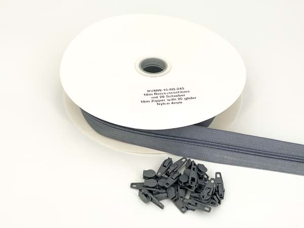 10m Endlossreißverschluss - 4mm Spirale - grau - mit 20 Zippern
