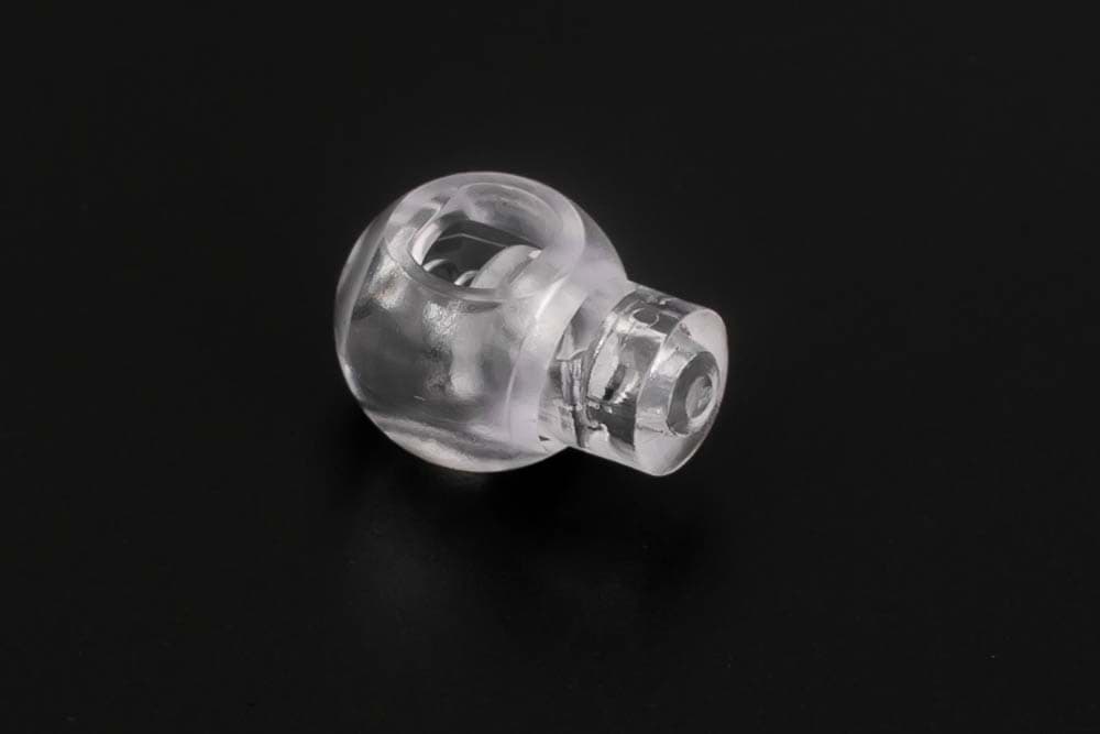 18mm Kordelstopper mit 5mm Durchlass, Kugelform, transparent - 1 Loch - 100 Stück