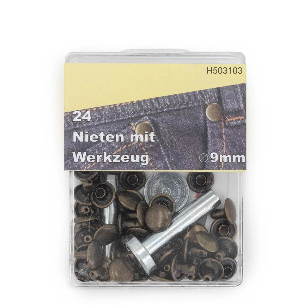 Nieten - 9mm - altmessing - 24 Stück mit Werkzeug