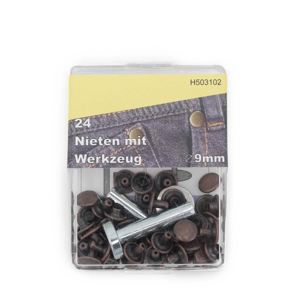 Nieten - 9mm - kupferfarben - 24 Stück mit Werkzeug